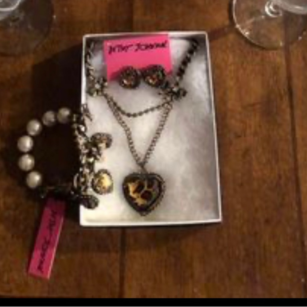 Betsey Johnson Necklace, Bracelet, Earrings Leopard Heart Set